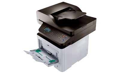 [Image: Samsung). A monochrome multifunction printer, the SL-M3870FW. 