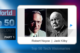 Robert Noyce (left) and Jack Kilby didn't work together, but their common invention is still utterly crucial. In 1959, both men came up with the first integrated circuits -- Kilby while he was at Texas Instruments, and Noyce at Fairchild Semiconductor.