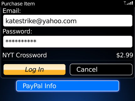 PayPal Purchase Screen in BlackBerry App World