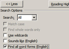 Choosing 'Find all word forms'