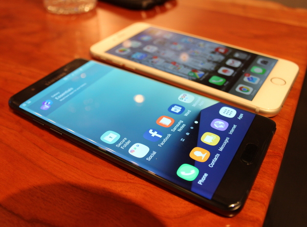 The Note 7 is similar in size to Apple's iPhone 6S, also seen here. 